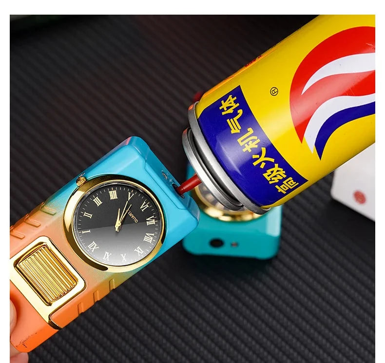 Dual Flame gas lighter with built-in watch