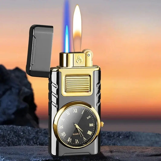 Dual Flame gas lighter with built-in watch